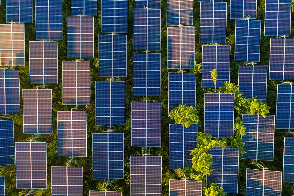 Top view of solar panels in solar farm